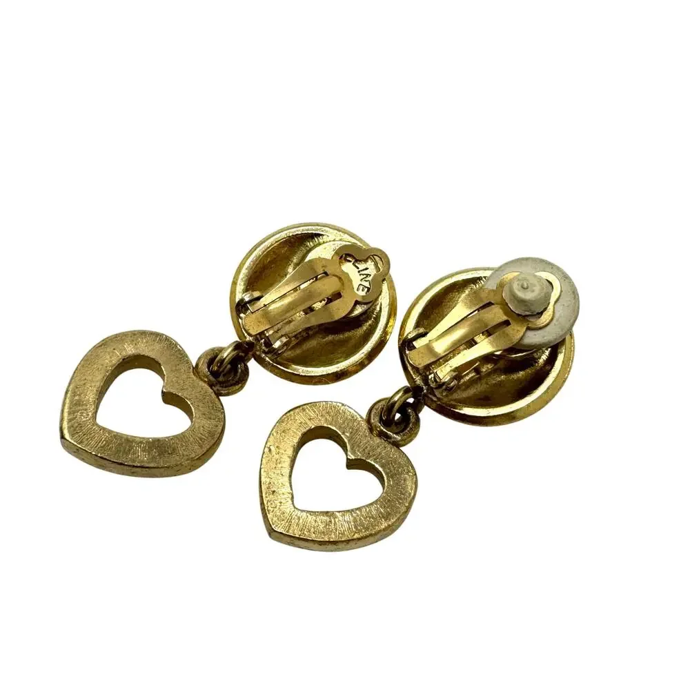 Celine Vintage Paris Heart Logo Clip-On Earrings 80’s Gold Tone Made in France